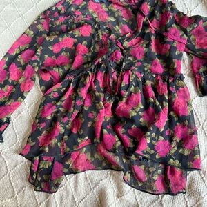 American Eagle Outfitters Ruffle Blouse with Dark Pink and Green Floral Design